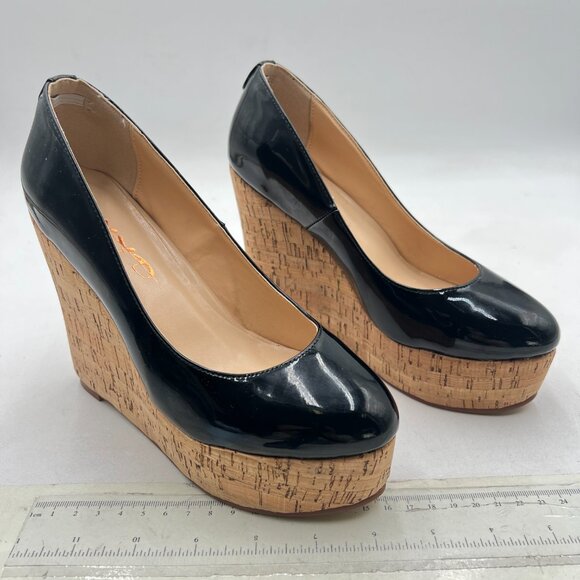 XYD Black Round Toe Wood Platform Pumps Slip On Patent Wedge Cork High Heel Shoe - Picture 4 of 8